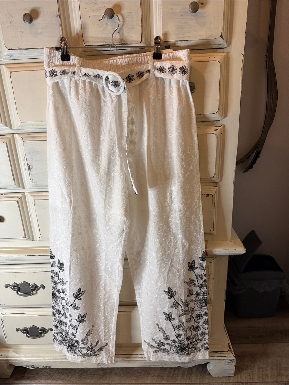 White Eyelet Pants with Black Floral Embroidery